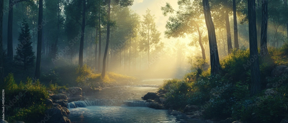 Obraz premium A forest with a stream running through it