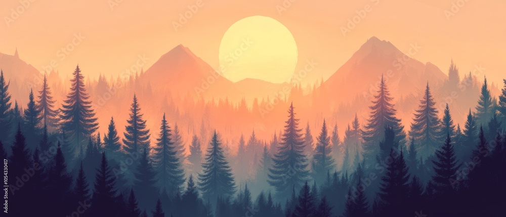 Obraz premium A beautiful mountain landscape with a large sun in the sky