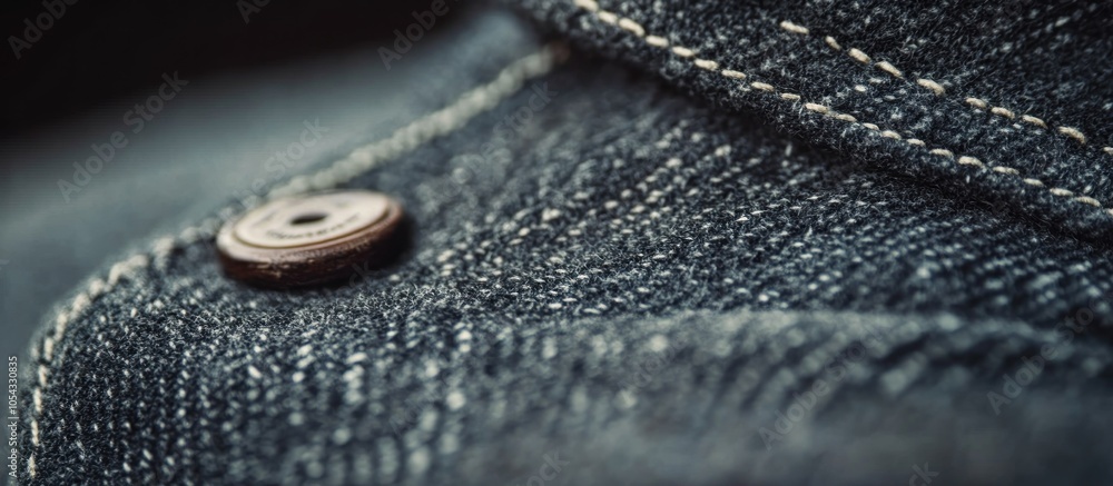 Close up of a denim fabric with a button and white stitching. Close up of a denim fabric with a button and white stitching.