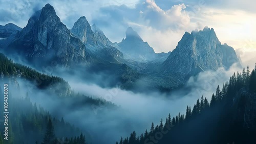 Wallpaper Mural A misty morning in the mountains, with dense forest and towering peaks Torontodigital.ca
