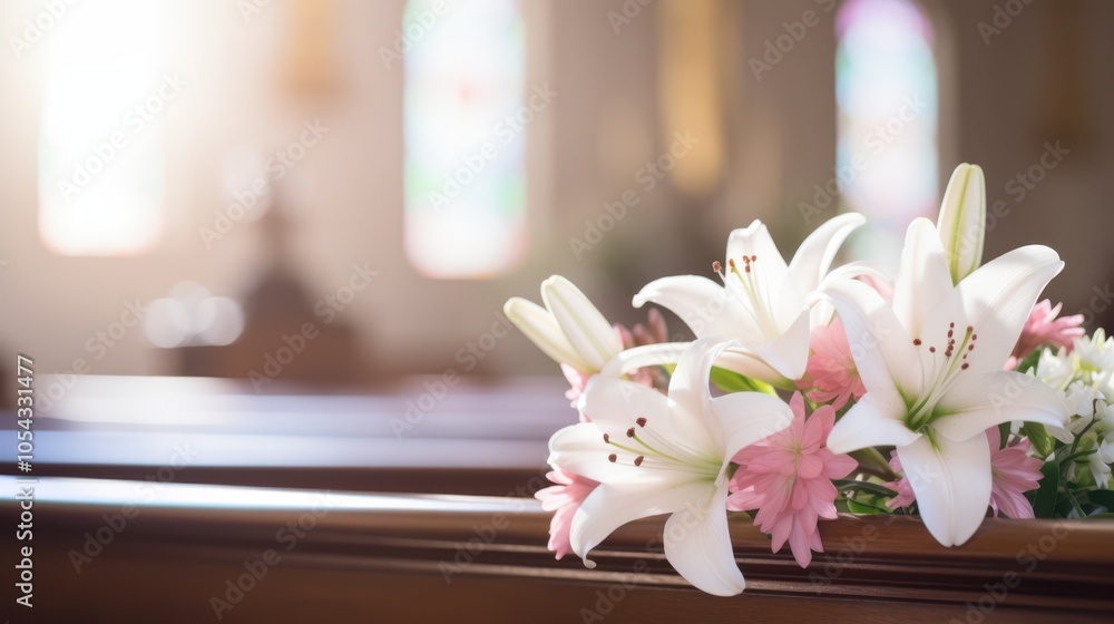 Delicate white and pink flowers adorn a church pew amidst stained glass sunlight, symbolizing grace. Delicate white and pink flowers adorn a church pew amidst stained glass sunlight, symbolizing grace.