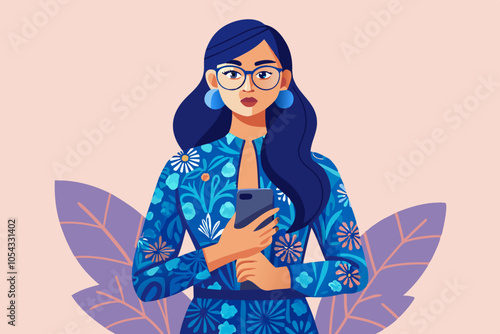 Stylish Woman in Batik Outfit with Smartphone on Pastel Background. Happy mindful thankful Indonesian government worker woman. 