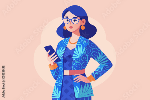 Stylish Woman in Batik Outfit with Smartphone on Pastel Background. Happy mindful thankful Indonesian government worker woman. 