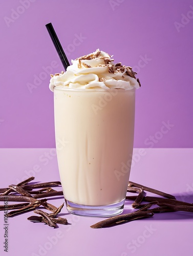 vanilla frappuccino and vanilla sticks on purple background photo