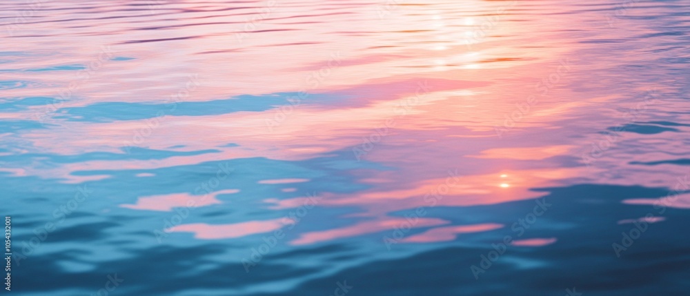 Obraz premium The water is calm and blue, with a pink and orange sunset in the background