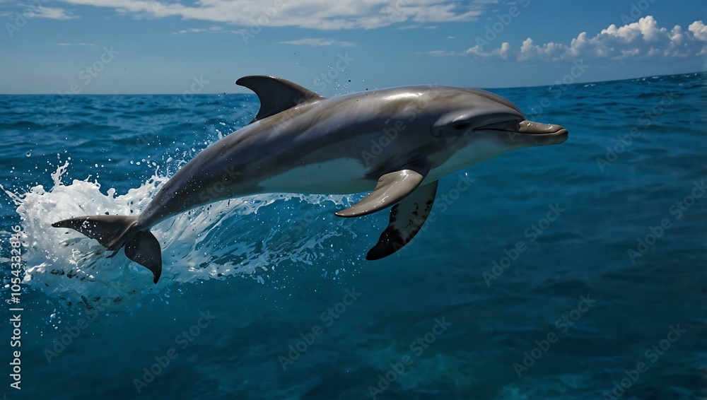 Naklejka premium Dolphin leaping above the water, vibrant blues and joyful.