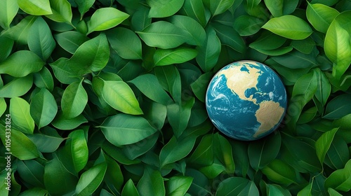 A vibrant globe surrounded by lush green leaves, symbolizing earth's natural beauty and environmental preservation. photo