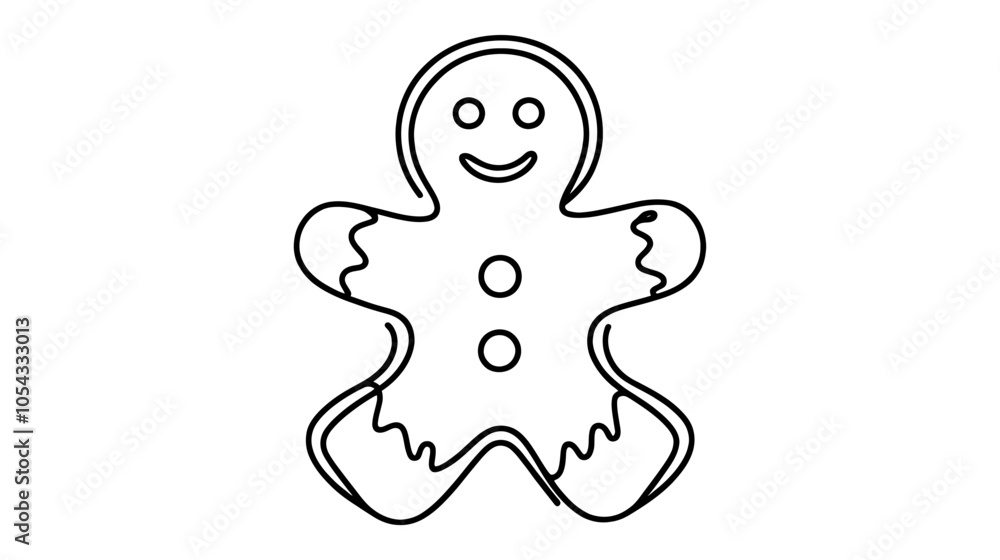 Obraz premium One continuous line illustration of a gingerbread man cookie, isolated on white background.