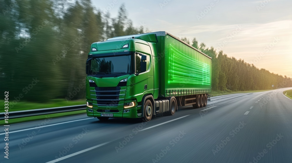 A vibrant green truck travels on a highway surrounded by lush trees ...