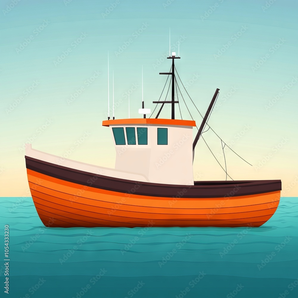 A colorful fishing boat floating on calm waters during sunset. A colorful fishing boat floating on calm waters during sunset.