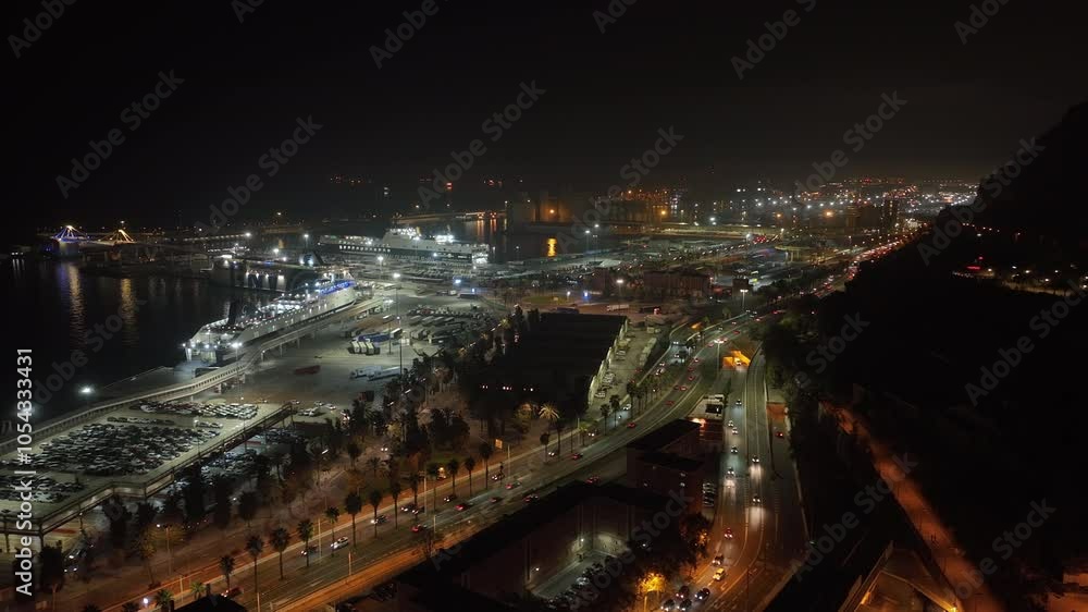 night illumination flight over barcelona city famous bay port traffic road aerial panorama 4k spain night illumination flight over barcelona city famous bay port traffic road aerial panorama 4k spain