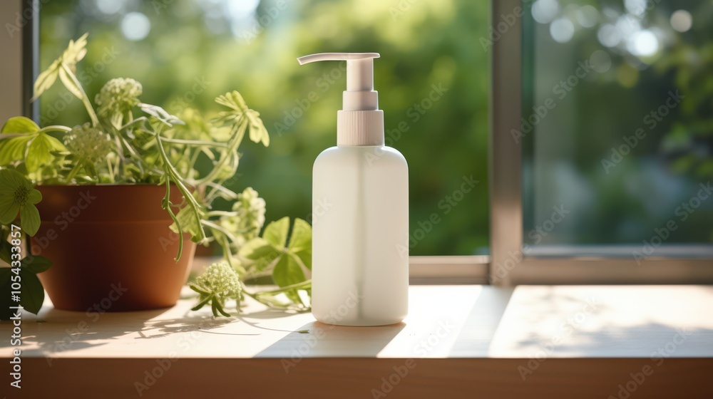 A white bottle with a pump nozzle stands elegantly on a sunlit windowsill, exuding purity and minimalistic charm. A white bottle with a pump nozzle stands elegantly on a sunlit windowsill, exuding purity and minimalistic charm.