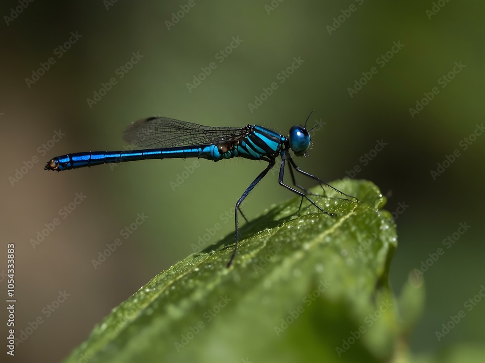 Ebony jewelwing damselfly sunbathing on a leaf Ebony jewelwing damselfly sunbathing on a leaf