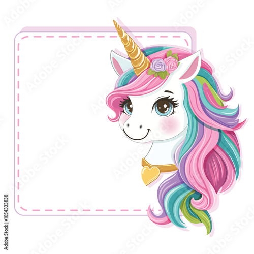 Beautiful unicorn with colored hair and golden horn, heart and stars on white background. Poster, Banner, Flyer, Greeting Card. Vector illustration in flat cartoon style