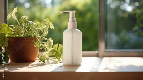 A white bottle with a pump nozzle stands elegantly on a sunlit windowsill, exuding purity and minimalistic charm.