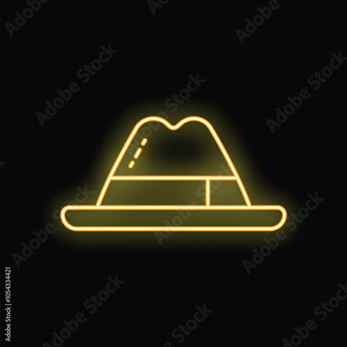 Yellow neon sign of a fedora hat glowing on a black background