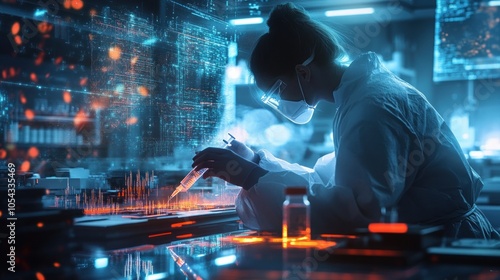 A female scientist in a lab coat and protective gear works in a futuristic laboratory with digital screens, examining a sample in a test tube.