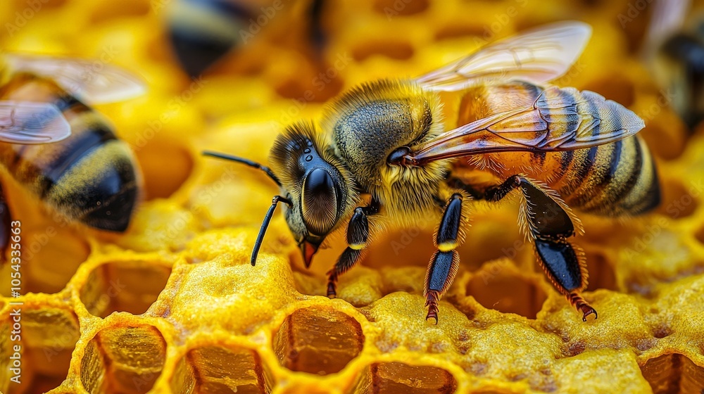 Close-up of a bee on honeycomb, showcasing its role in honey production. Close-up of a bee on honeycomb, showcasing its role in honey production.