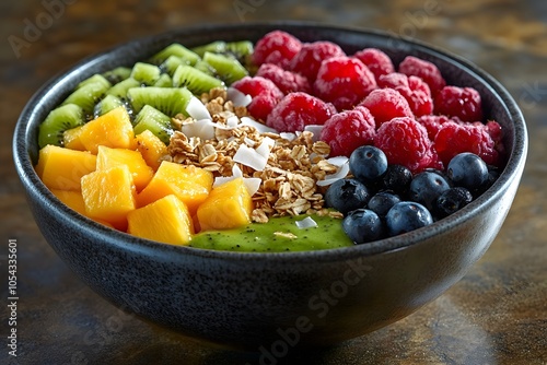 Colorful smoothie bowl with tropical fruits