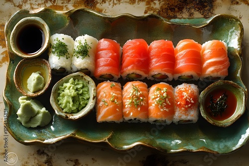 Fresh sushi rolls with soy sauce and wasabi