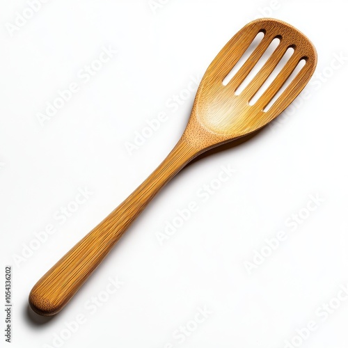 A wooden slotted spoon on a clean background, perfect for cooking and serving. Ideal for kitchen or culinary designs.