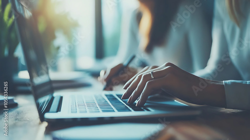 A woman is typing on a laptop in front of a potted plant