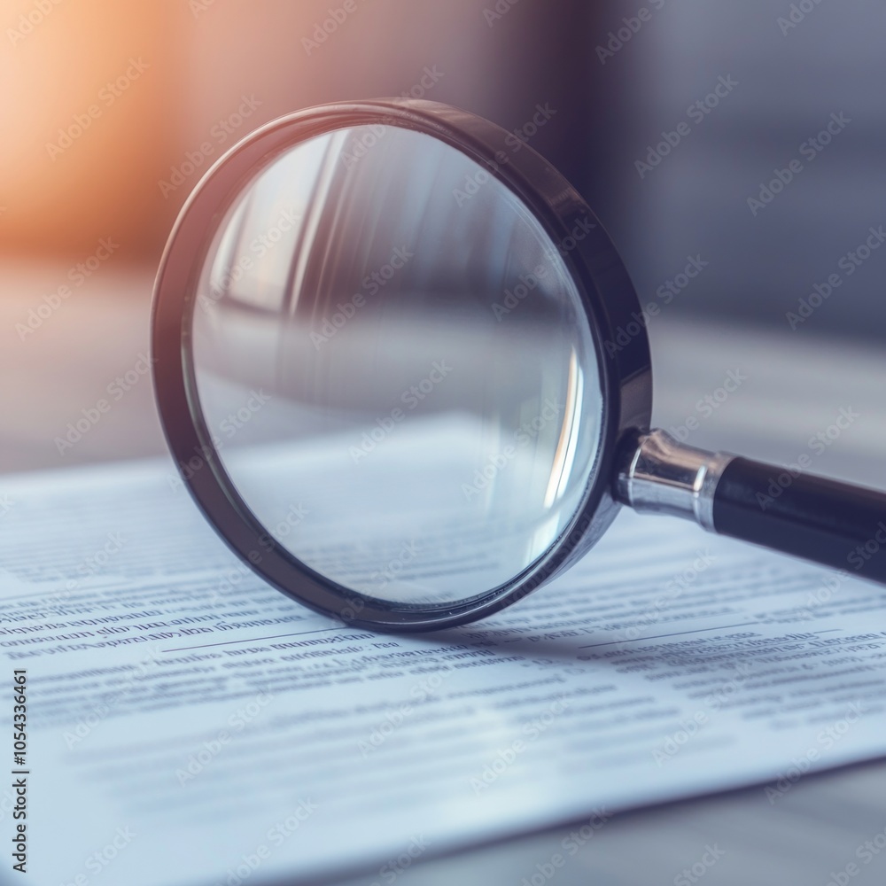 Fototapeta premium A magnifying glass resting on printed text, suggesting examination or analysis.