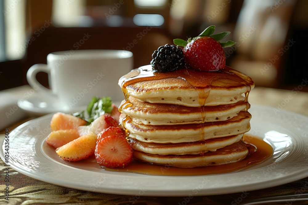 Gourmet brunch with pancakes and syrup Gourmet brunch with pancakes and syrup