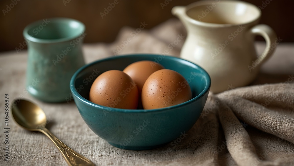 Fresh brown eggs in a teal bowl, breakfast still life. Fresh brown eggs in a teal bowl, breakfast still life.