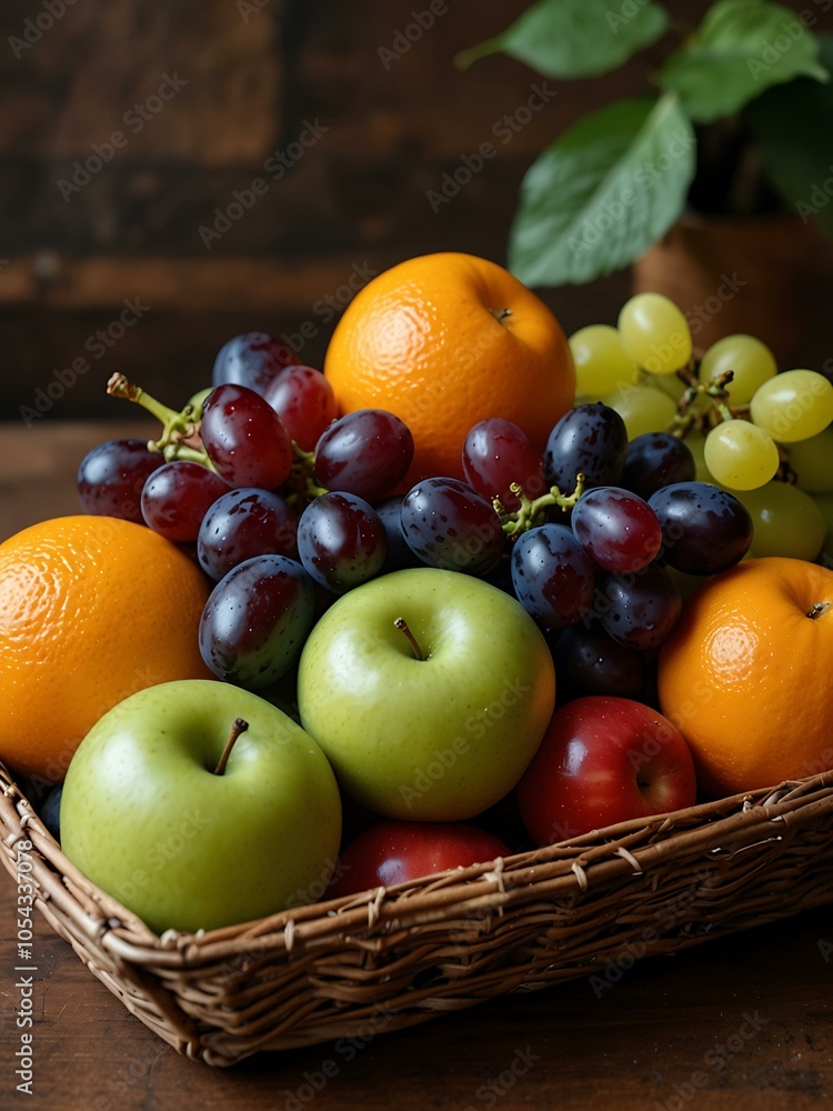 Fresh fruit basket with apples, grapes, and oranges. Fresh fruit basket with apples, grapes, and oranges.