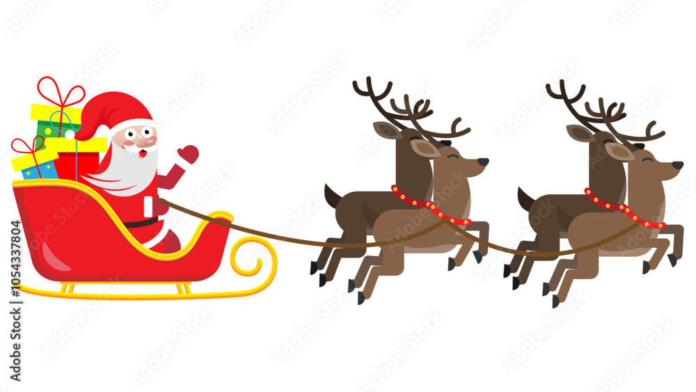 Fototapeta premium Santa claus with reindeer, sleigh and christmas gift boxes with transparent background, greeting card
