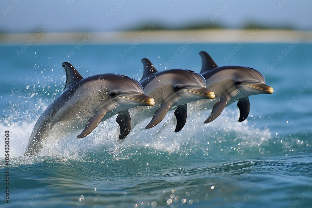 Fototapeta premium Playful dolphins jumping in ocean