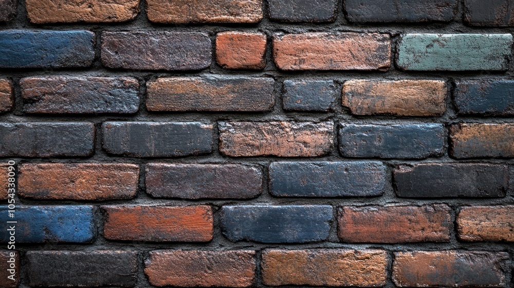 Obraz premium A textured brick wall with various shades and colors, showcasing rustic charm.