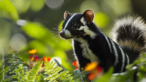 A Vibrant Eastern Spotted Skunk Foraging in a Lush Forest Surrounded by Nature's Beauty photo