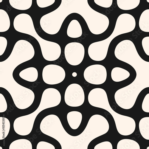 Vector abstract geometric texture. Black and white seamless pattern with curved lines, floral silhouettes, organic shapes, dots, grid, lattice. Simple monochrome background. Stylish repeated design