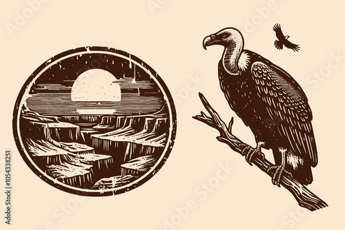 Grand Canyon in Arizona. Beautiful vintage old landscape. Vulture on a branch.  Emblem, logo, print