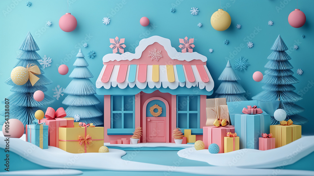 Papercut style - Holiday shopping scene with a christmas decoration Papercut style - Holiday shopping scene with a christmas decoration