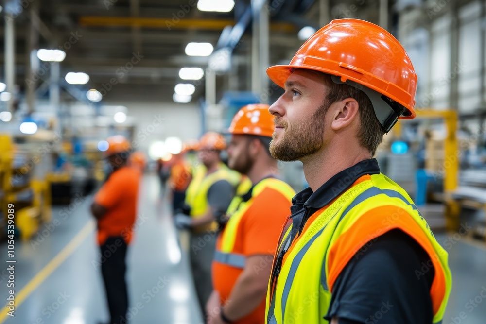 A group of factory workers wearing safety gear in an industrial setting, with focus on one worker in an orange hard hat and reflective vest. A group of factory workers wearing safety gear in an industrial setting, with focus on one worker in an orange hard hat and reflective vest.