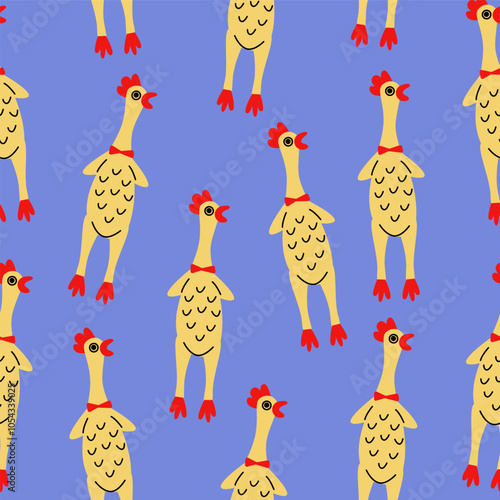 Rubber chicken seamless pattern. Funny dog toys on lilac background.