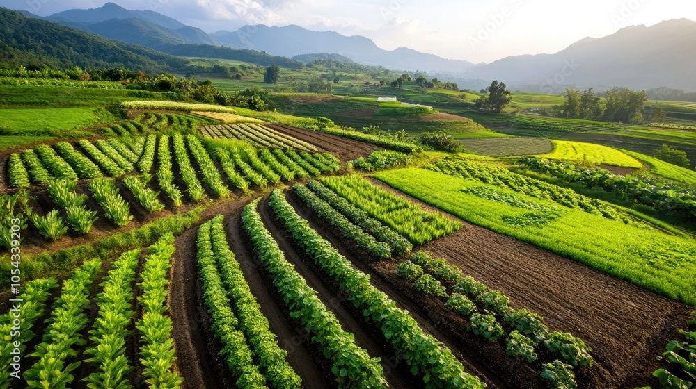 Aerial view of lush green fields and diverse crops under a bright sky, showcasing agricultural beauty in rural landscape. Aerial view of lush green fields and diverse crops under a bright sky, showcasing agricultural beauty in rural landscape.