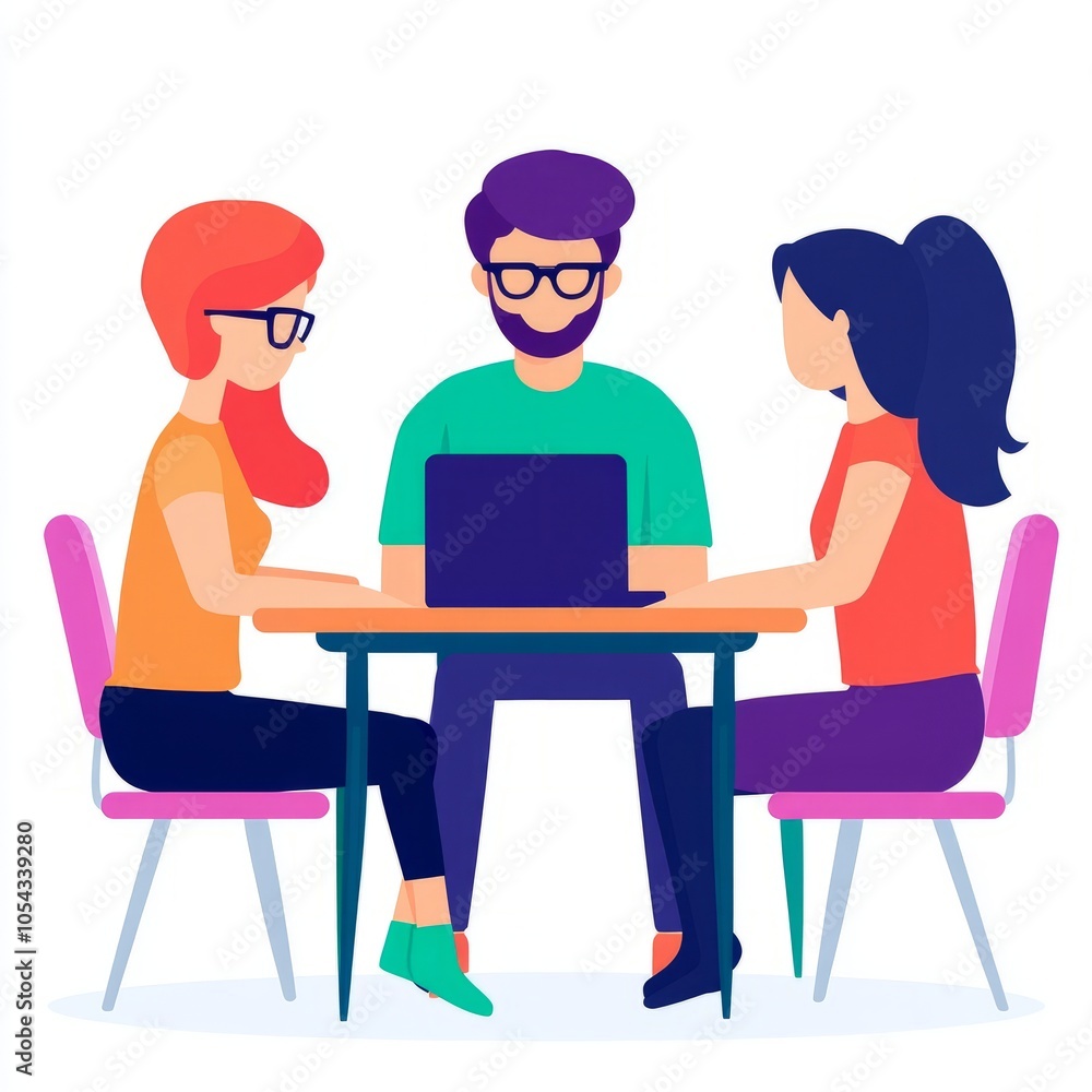 Three people collaborating around a laptop at a table. Three people collaborating around a laptop at a table.