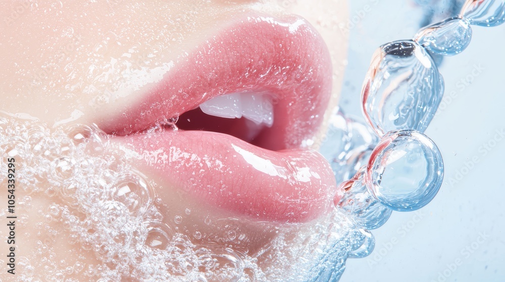 Fototapeta premium A close-up of perfectly hydrated lips immersed in water, with delicate bubbles surrounding them, symbolizing purity, moisture, and rejuvenation.