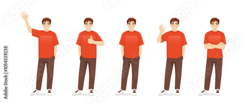 Young teenage man in casual clothes standing in different poses. Isolated vector illustration set