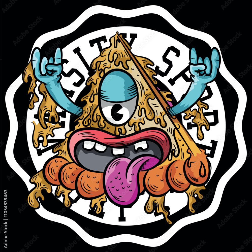 Obraz premium Urban pizza illustration with tongue and hands up, bright colors with urban and city texts with numbers in college style, grunge skateboard designs and evoking the current lifestyle.
