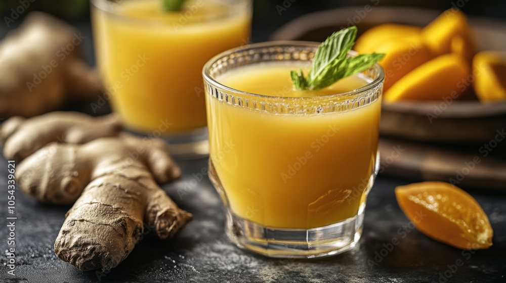 Ginger juice detox drink close-up Ginger juice detox drink close-up
