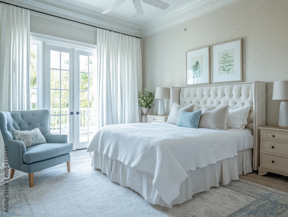 Fototapeta premium Guest room with a white bed, blue accent chair, and light white curtains