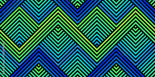 Vector geometric seamless pattern with zigzag lines, stripes, chevron, halftone effect. Abstract urban sport style graphic texture. Trending Y2K background design. Vibrant neon green blue gradient