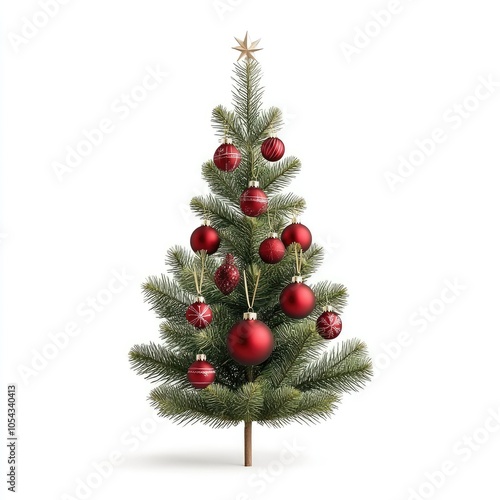 Beautiful Christmas tree adorned with red ornaments and a golden star, perfect for festive celebrations and holiday decorations.