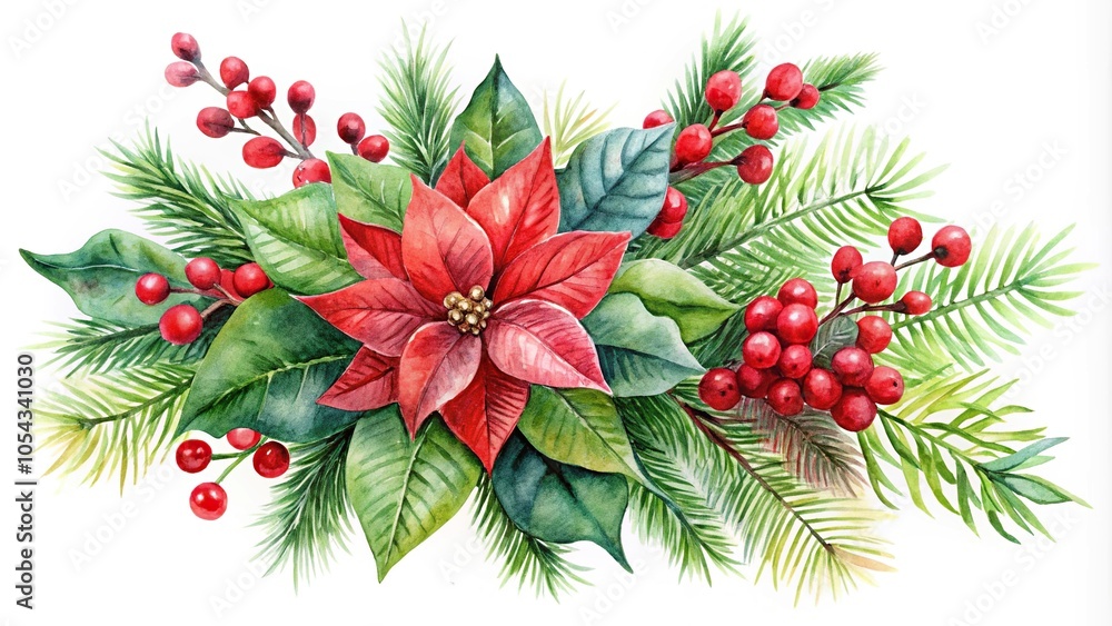 Watercolor arrangement of poinsettia, spruce, red berries, Christmas decoration Watercolor arrangement of poinsettia, spruce, red berries, Christmas decoration
