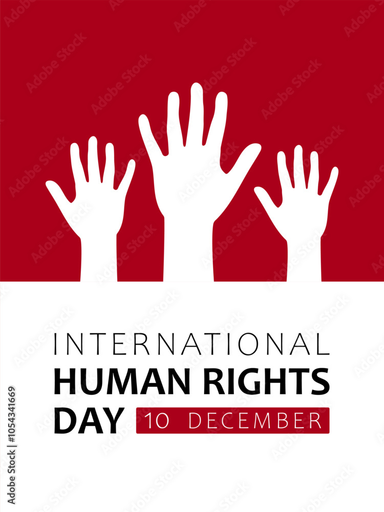 Fototapeta premium Text International Human Rights Day, 10 december and people hands on red background. Vector design for poster, card or banner for International Human Rights Day.
